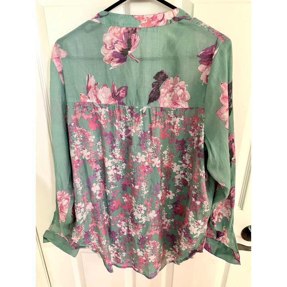 Figueroa & And Flower Women's Large Teal Floral Button Up Down Shirt Top Blouse